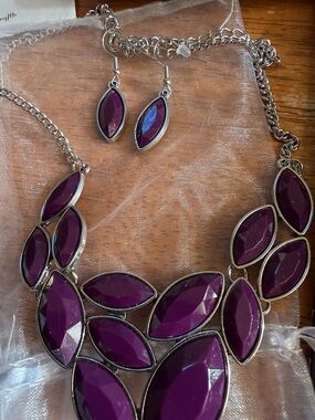 3 Purple Statement Necklace and Earrings Set - Costume Women Jewelry